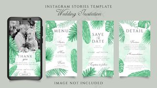 Instagram故事模板的婚礼邀请主题与绿色热带树叶花卉背景