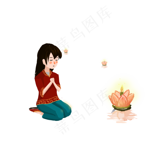 中元节鬼节跪在地上许愿的少女和