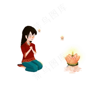 中元节鬼节跪在地上许愿的少女和