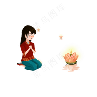 中元节鬼节跪在地上许愿的少女和