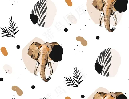 手绘矢量抽象创意图形艺术插图无缝拼贴图案与素描大象画和热带棕榈叶部落格调隔离在白色背景上