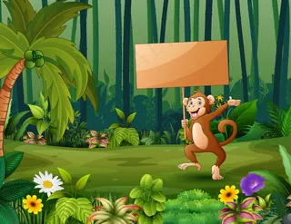 卡通画一只猴子在森林里拿着木制标志