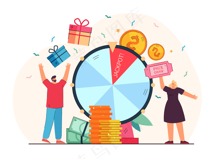 幸运的获奖者站在幸运轮附近。卡通插图