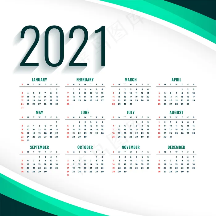 时尚2021现代日历设计模板，绿松石色eps,ai矢量模版下载