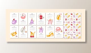 猫的生日聚会日历2021-有趣的小猫在节日帽子，生日蛋糕和饮料，大矢量规划12个月的网页和封面