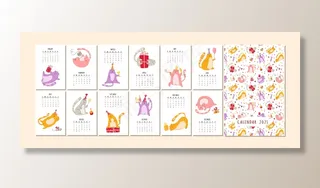 猫的生日聚会日历2021-有趣的小猫在节日帽子，生日蛋糕和饮料，大矢量规划12个月的网页和封面