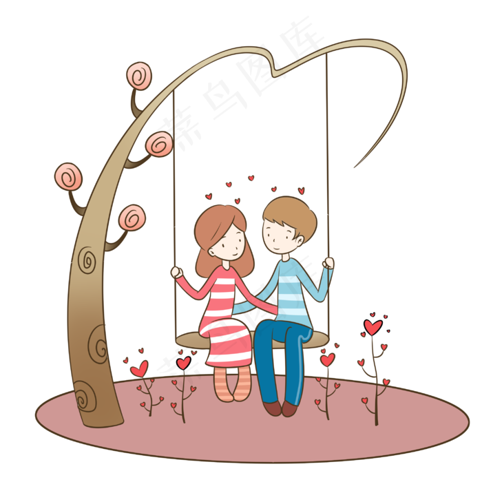 浪漫情人节情侣打秋千手绘插画