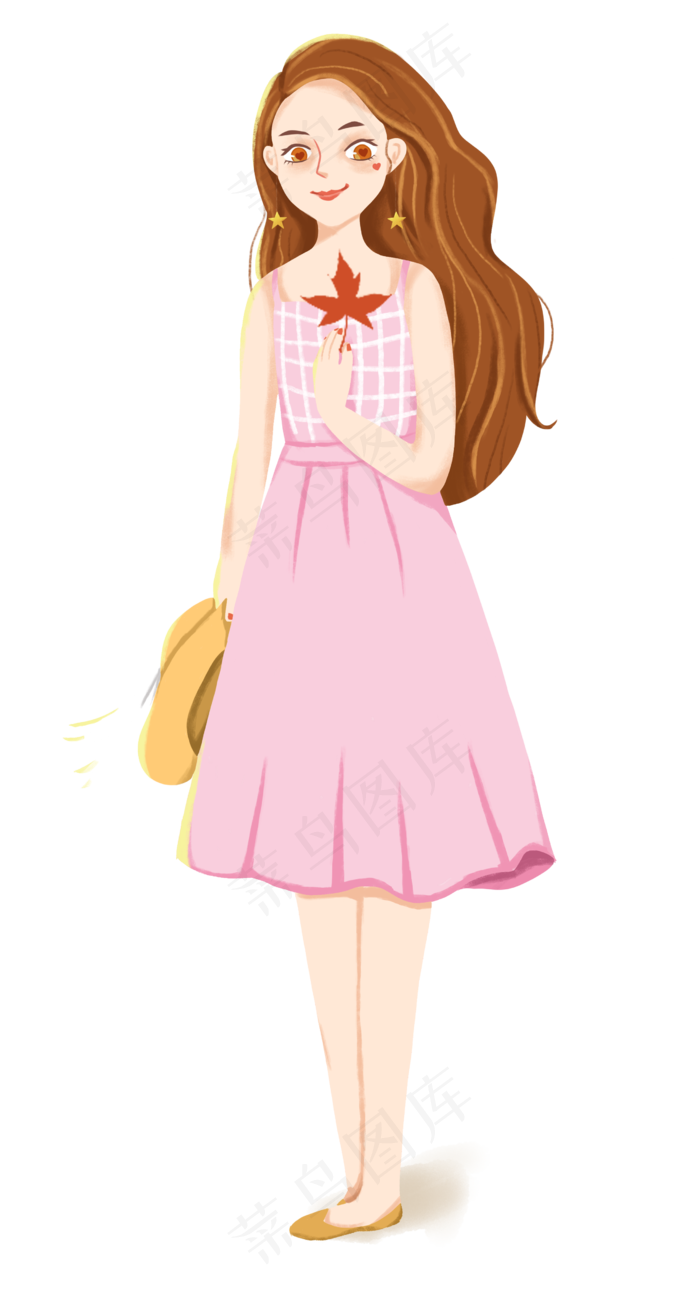 手绘手拿枫叶的女孩下载(2516X4633(DPI:300))psd模版下载