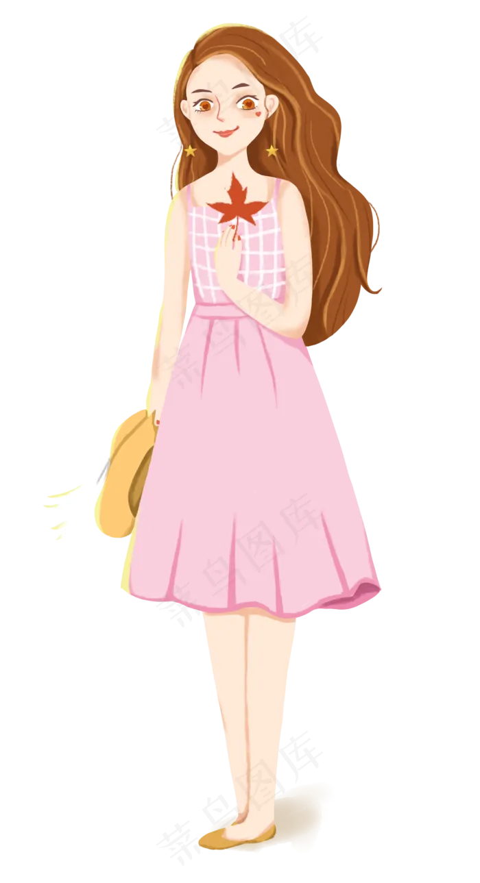 手绘手拿枫叶的女孩下载(2516X4633(DPI:300))psd模版下载