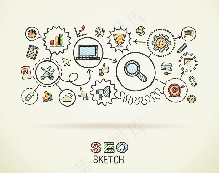Seo手绘集成图标集在纸上。彩色素描信息图表。连接涂鸦象形图，营销，网络，分析，技术，优化，互动概念eps,ai矢量模版下载