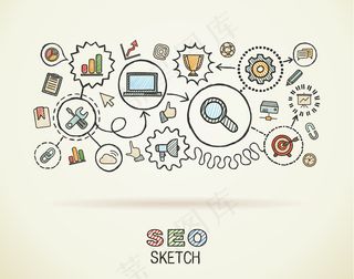 Seo手绘集成图标集在纸上。彩色素描信息图表。连接涂鸦象形图，营销，网络，分析，技术，优化，互动概念