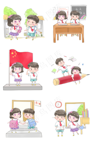 卡通手绘开学日上学的小学生