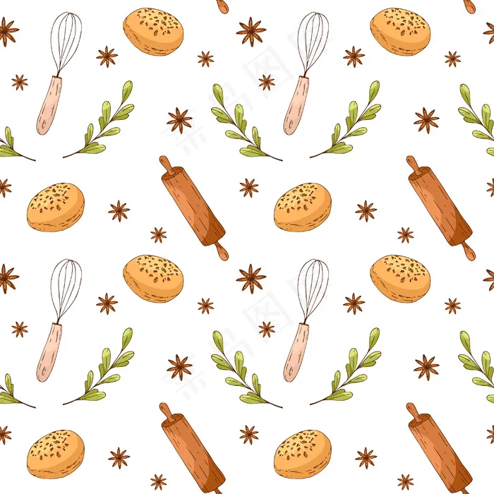 手绘烘焙元素的无缝图案。菜单设计，商店包装纸。eps,ai矢量模版下载