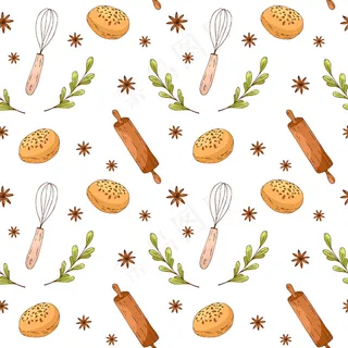手绘烘焙元素的无缝图案。菜单设计，商店包装纸。