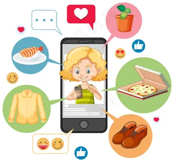 女孩在智能手机上搜索白色背景上孤立的卡通人物