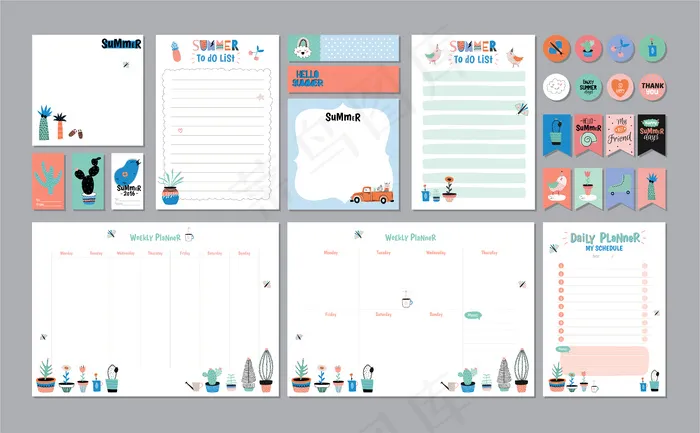 斯堪的纳维亚每周和每日计划模板。组织者和日程安排与笔记和待办事项。带有图形元素的时尚夏日度假概念eps,ai矢量模版下载