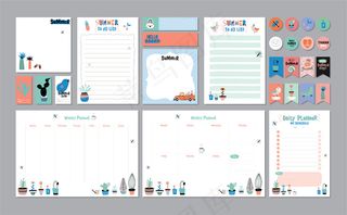 斯堪的纳维亚每周和每日计划模板。组织者和日程安排与笔记和待办事项。带有图形元素的时尚夏日度假概念