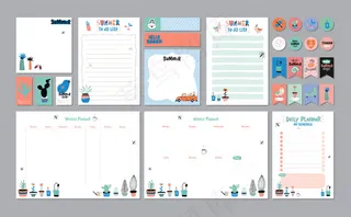 斯堪的纳维亚每周和每日计划模板。组织者和日程安排与笔记和待办事项。带有图形元素的时尚夏日度假概念