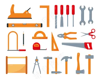 木匠或修理工具设置在白色背景上隔离。