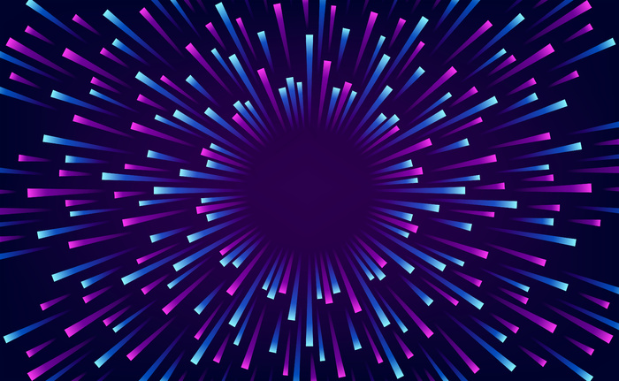 大数据分析梯度霓虹紫蓝爆发耀斑波径向能量。黑色背景的复古现代科技