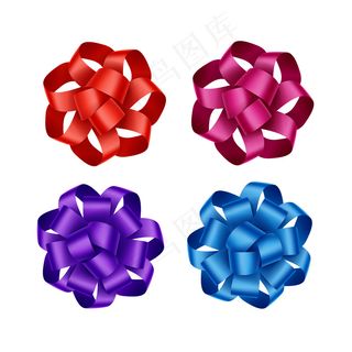 一套明亮的红色猩红色深粉色洋红紫色紫罗兰蓝色礼品丝带蝴蝶结特写隔离在白色背景上