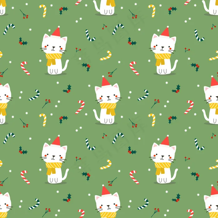 可爱的猫在圣诞节主题无缝模式eps,ai矢量模版下载