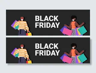 戴面具的混血儿夫妇拿着购物袋站着黑色星期五大甩卖横幅banner冠状病毒检疫概念肖像水平矢量图