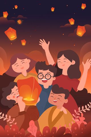 中秋节庆祝朋友放孔明灯中国风手机页面配图