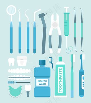 牙科工具。牙科器械收藏，医药健康，牙齿护理理念。