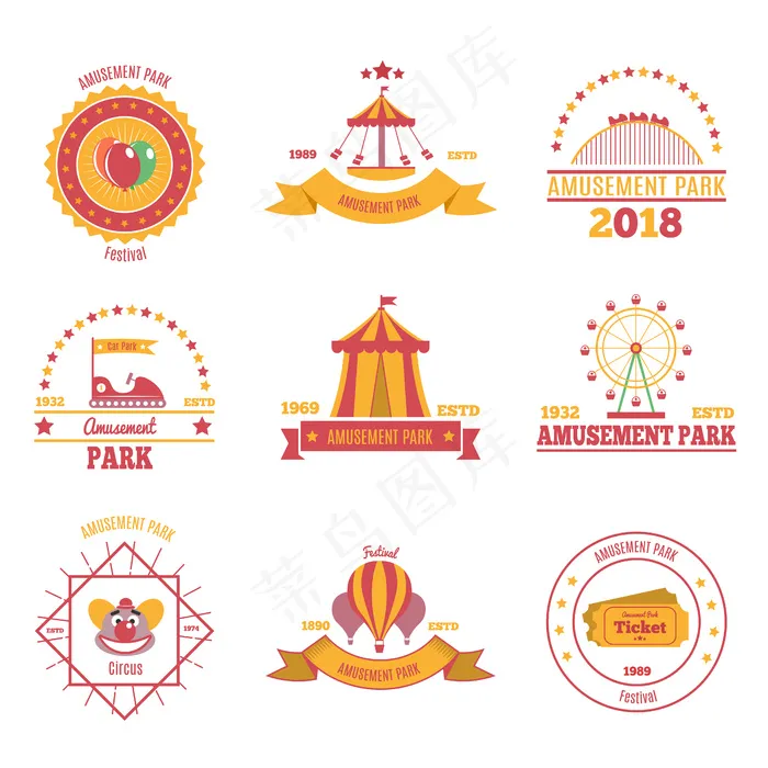 游乐场五颜六色的会徽由九个平面组成，带有展馆浮空器和游乐场景点图片插图eps,ai矢量模版下载