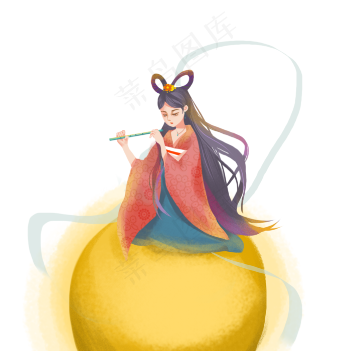 中秋节嫦娥坐在月球上吹笛子插画