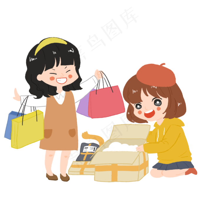 双十一两个小女孩开心的在拆快递(3000X3000(DPI:300))psd模版下载