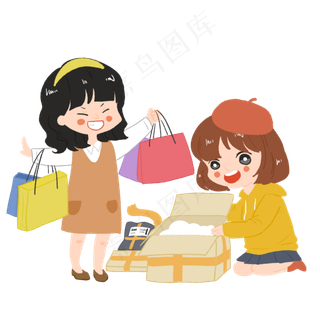 双十一两个小女孩开心的在拆快递