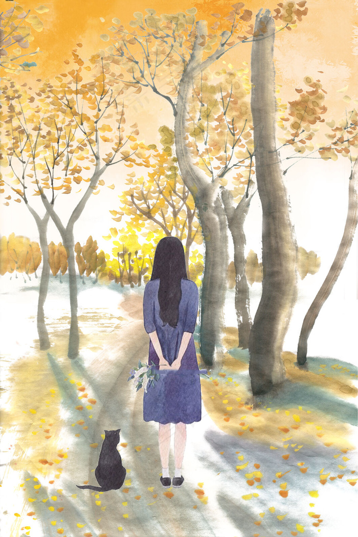 手绘秋季落叶树林里孤单的女孩和猫(3543*5315px 	      )psd模版下载