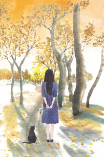 手绘秋季落叶树林里孤单的女孩和猫 手绘秋季落叶树林里孤单的女孩和猫