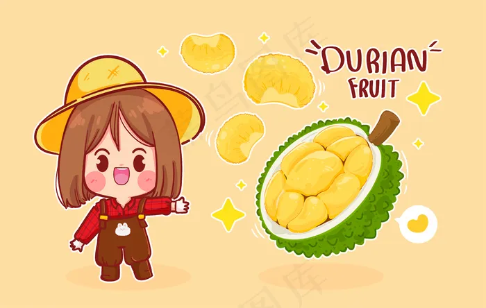 可爱的农家女孩和榴莲果卡通艺术插画
