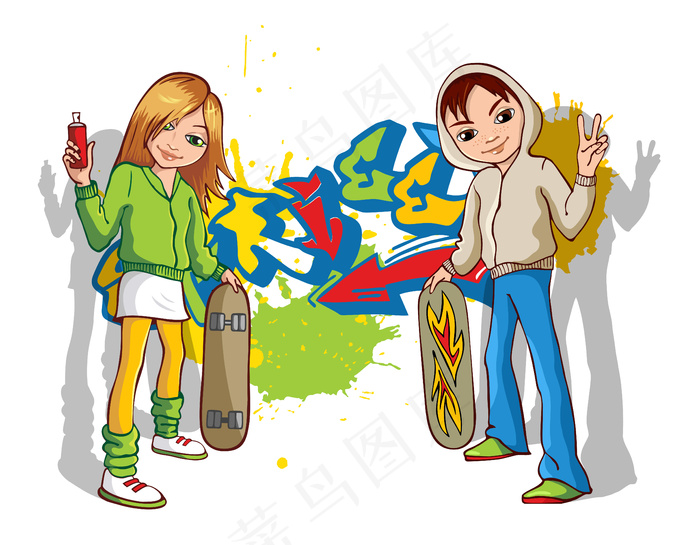 街头艺术家青少年在墙上涂鸦。都市时尚，青少年生活方式，创意爱好活动。eps,ai矢量模版下载