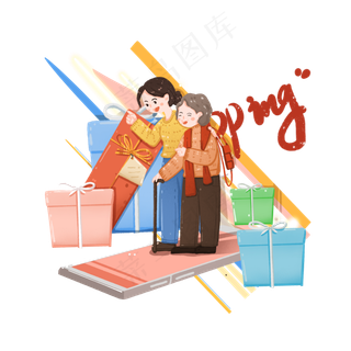 购物节带母亲手机购物的女孩