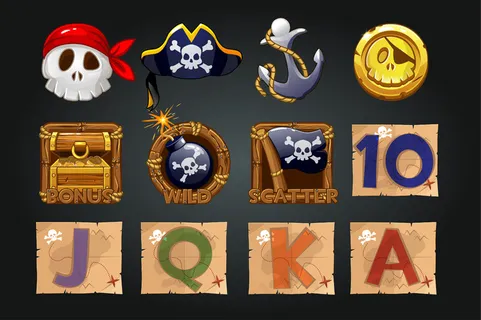 *的海盗图标集。硬币，宝藏，骷髅，海盗的游戏符号。