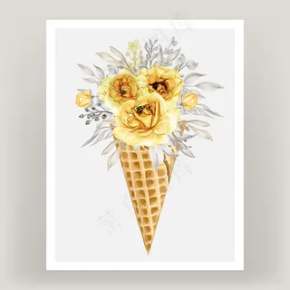 水彩花玫瑰金黄色冰锥