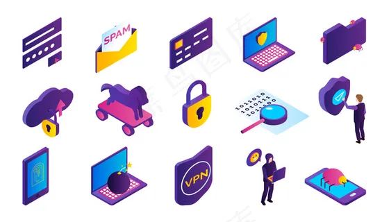 黑客活动等距图标集与黑客窃取信息隔离 黑客活动等距图标集与黑客窃取信息隔离