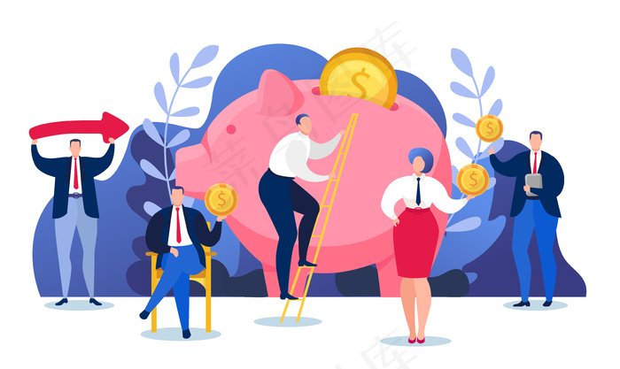 货币金融经济，储蓄罐财富投资说明。金融硬币现金银行概念。人们把货币存款和美元收入存入帐户。