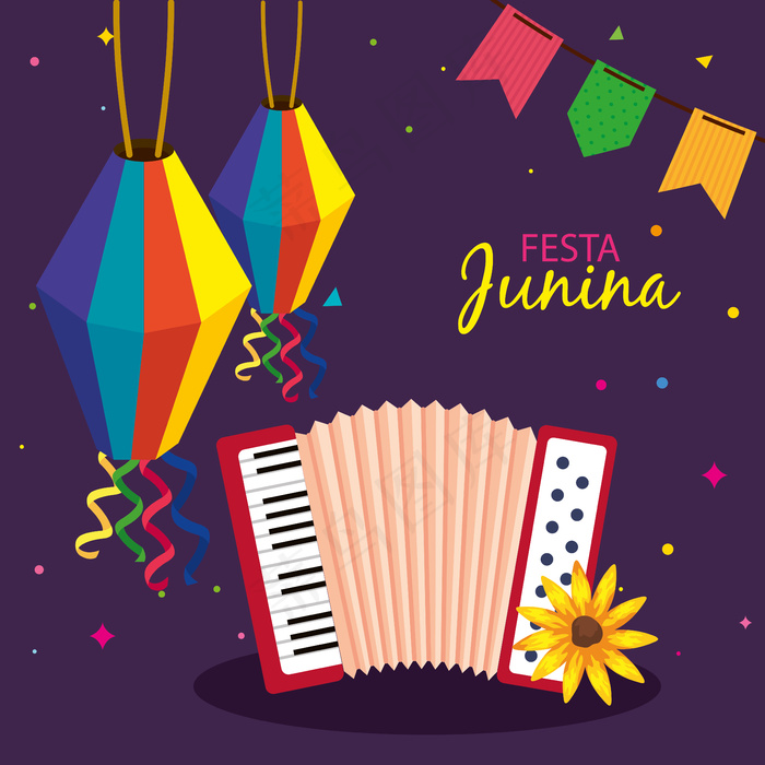 带手风琴和装饰的junina节、巴西六月节、庆典装饰