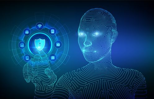 网络安全。虚拟屏幕上的数据保护业务概念。屏蔽保护图标。机械手触摸数字接口。