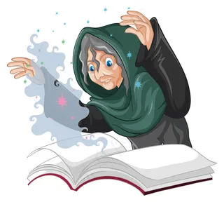 白色背景上孤立的魔法书卡通风格的老巫婆