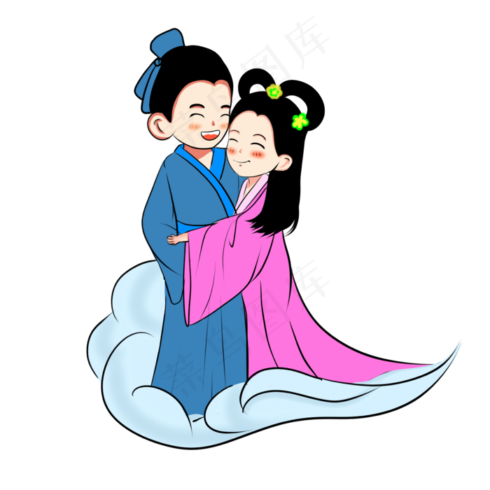 手绘卡通七夕情人节牛郎织女深情