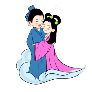 手绘卡通七夕情人节牛郎织女深情