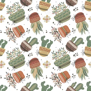 卡瓦伊可爱的植物在锅无缝模式在斯堪的纳维亚风格。