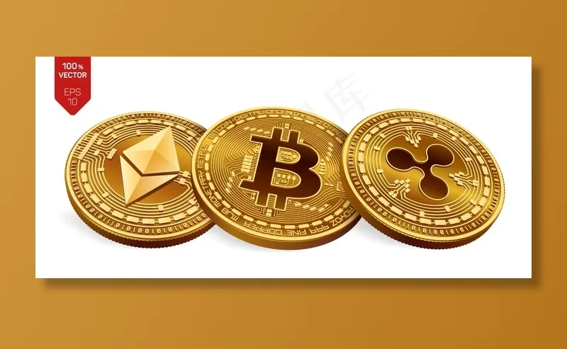 加密货币白色背景上带有比特币、涟漪和以太坊符号的金币。eps,ai矢量模版下载