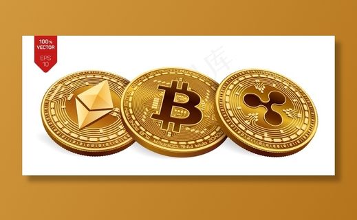 加密货币白色背景上带有比特币、涟漪和以太坊符号的金币。